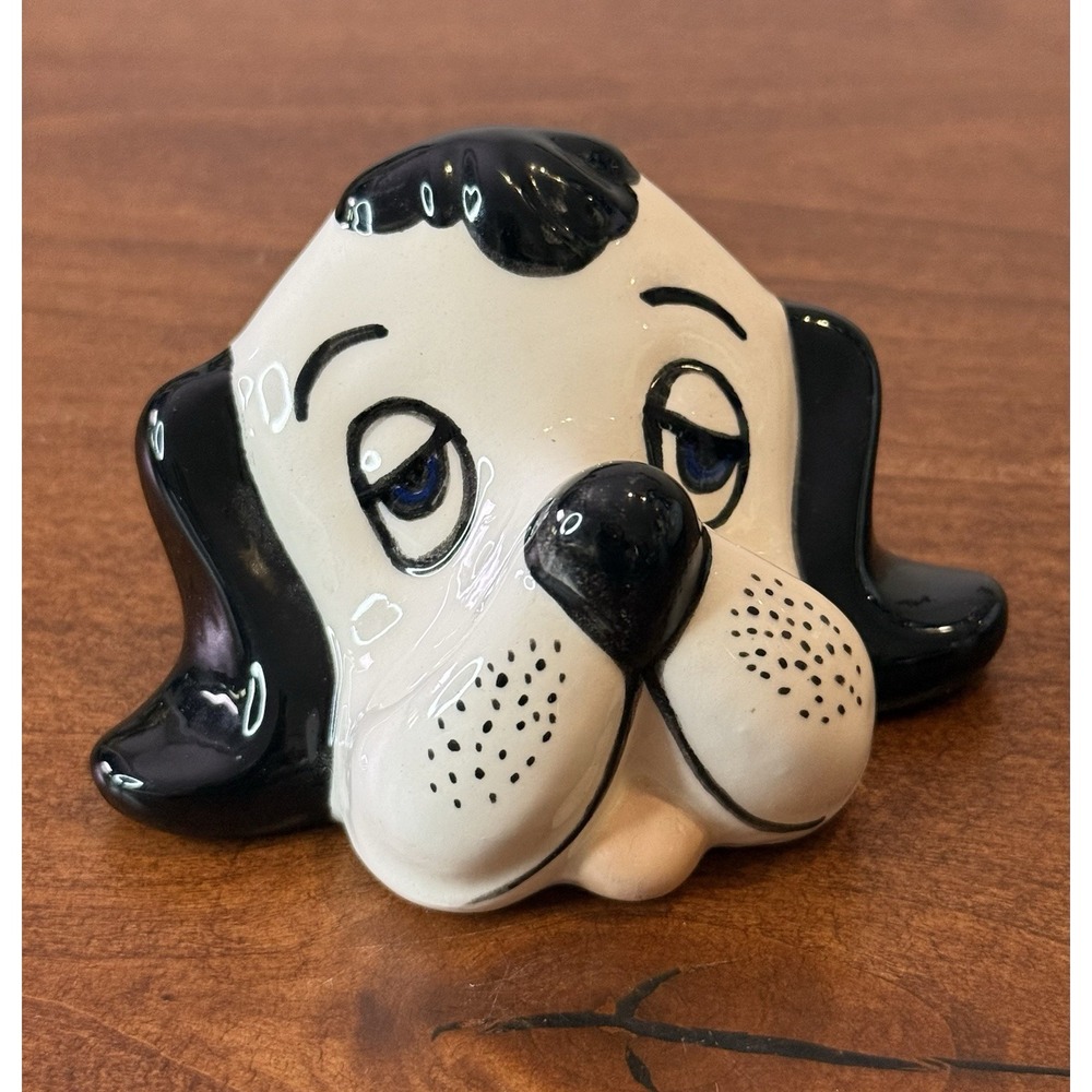 VTG MCM Ceramic Hand Painted Sleepy Dog Head Face Eyeglass Holder Black White